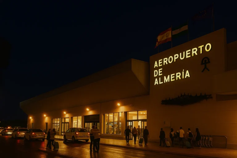 Almería Airport night view with passengers at arrivals terminal
