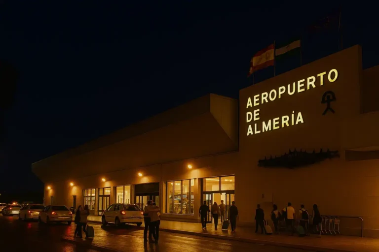 Almería Airport night view with passengers at arrivals terminal