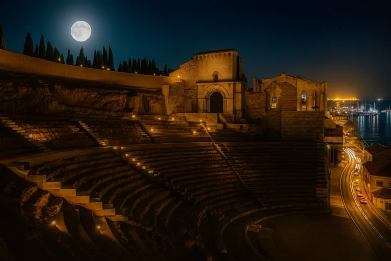 Night view of Cartagena Roman Theatre with full moon and city lights near the port